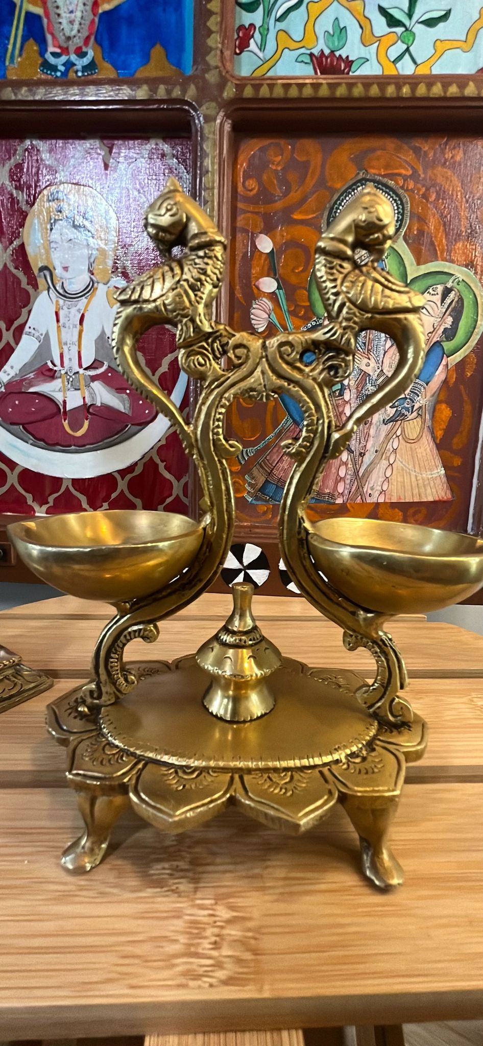 brass peacock lotus feet diya